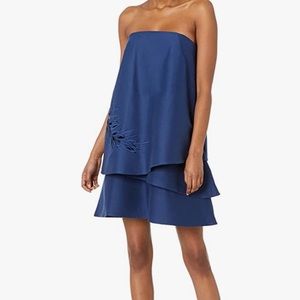Halston Heritage Blue Cotton Tiered Embroidered Stacked Ruffle Mini Dress